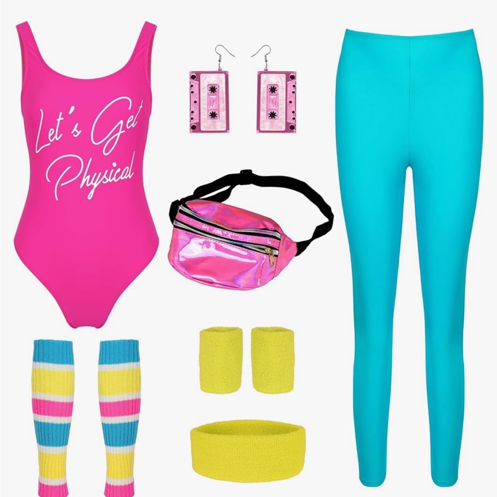 80’s Workout Neon Bodysuit and Blue Leggings Set